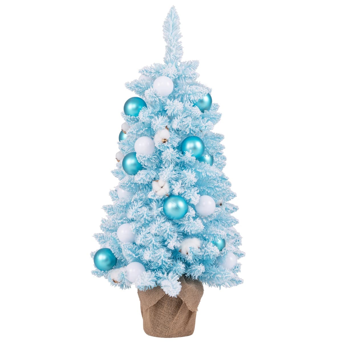 CostwayMini Sapin de Noël Artificiel de 90 cm avec 12 Boules de Coton Naturel 24 Boules Décoratives Pointes de Branches Floquées de Neige Bleu