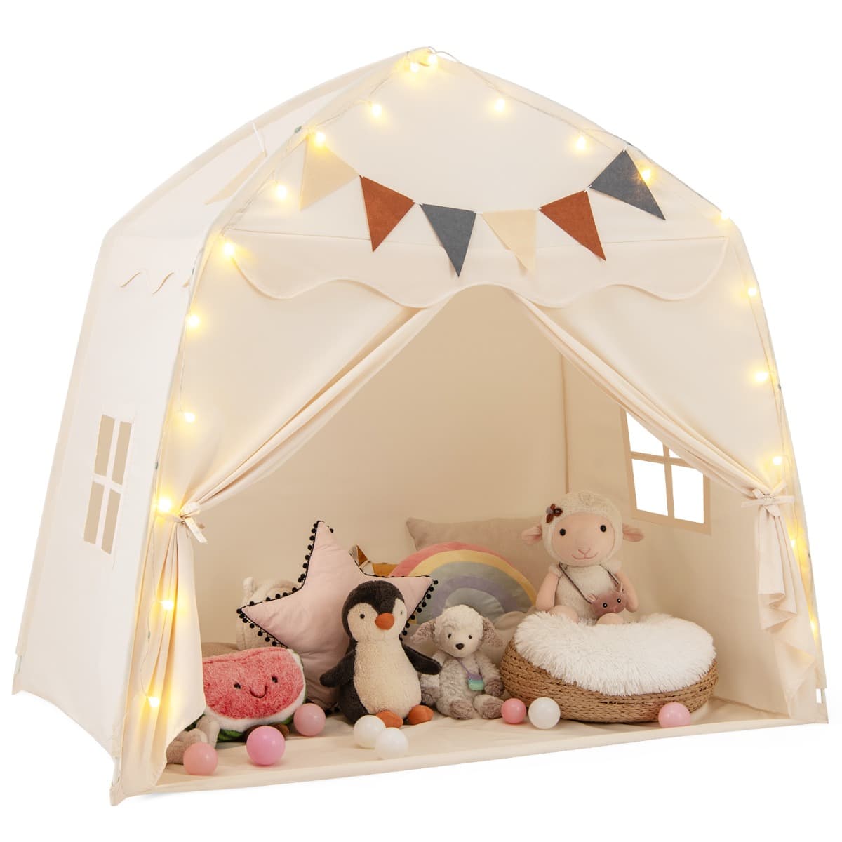 CostwayTente de Jeu pour Enfants de 3 à 12 Ans Tente de Lit pour Tout-Petits avec Drapeaux et Guirlandes Lumineuses Lavable en Machine Beige