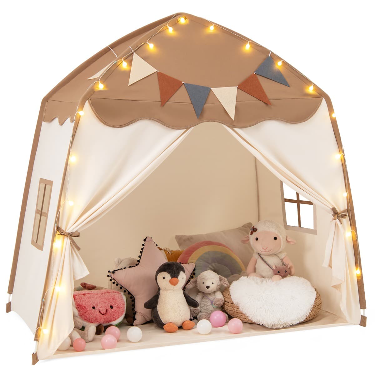 CostwayTente de Jeu pour Enfants de 3 à 12 Ans Tente de Lit pour Tout-Petits avec Drapeaux et Guirlandes Lumineuses Lavable en Machine Café