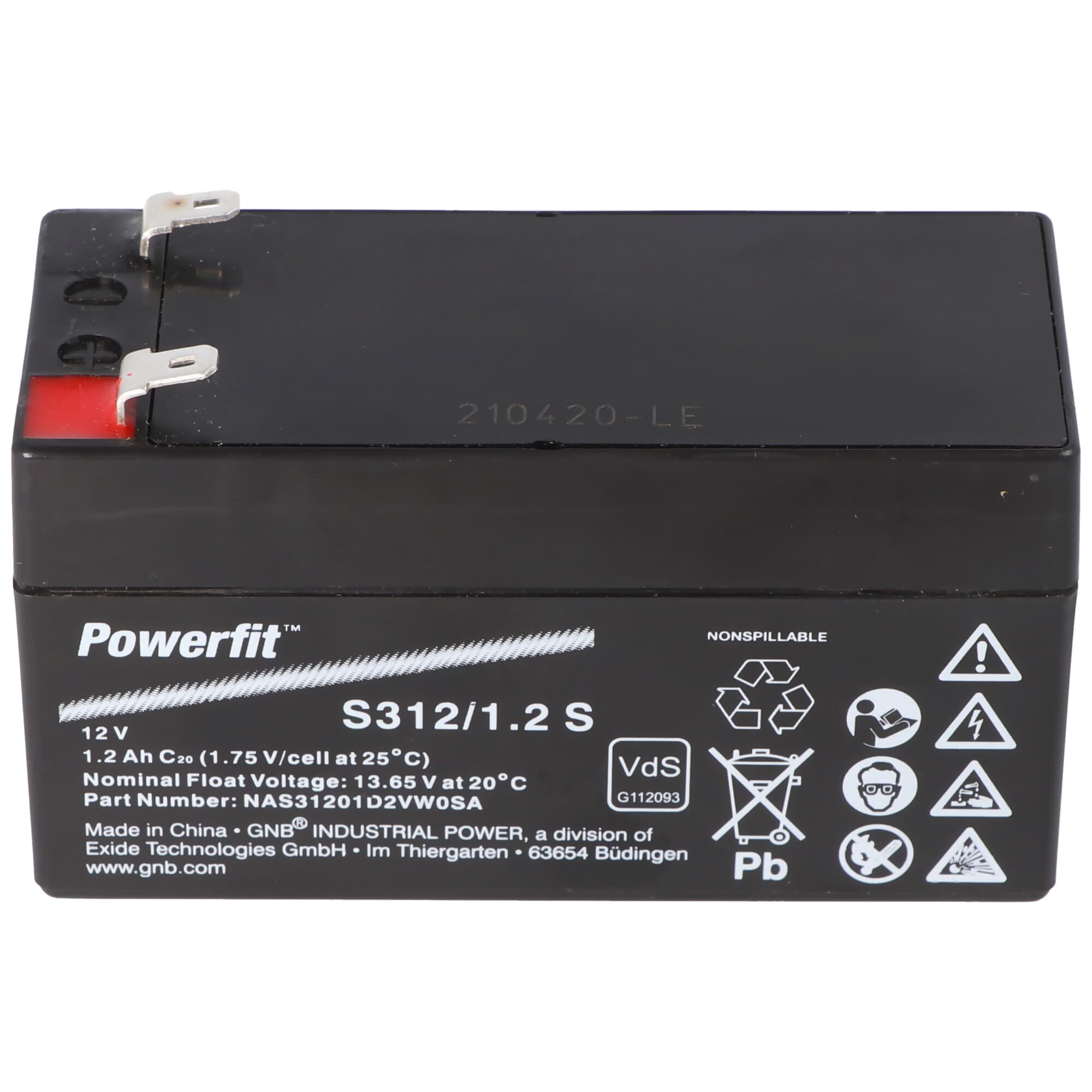 Batterie au plomb 12 Volt, 1200mAh Exide Powerfit S312 / 1,2S PB avec contact Faston de 4,8 mm